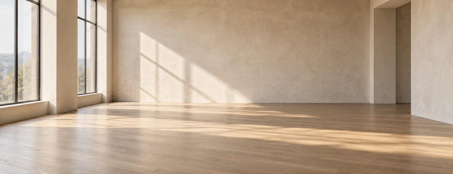 Sala amplia y vacía con ventanales altos y piso de madera clara