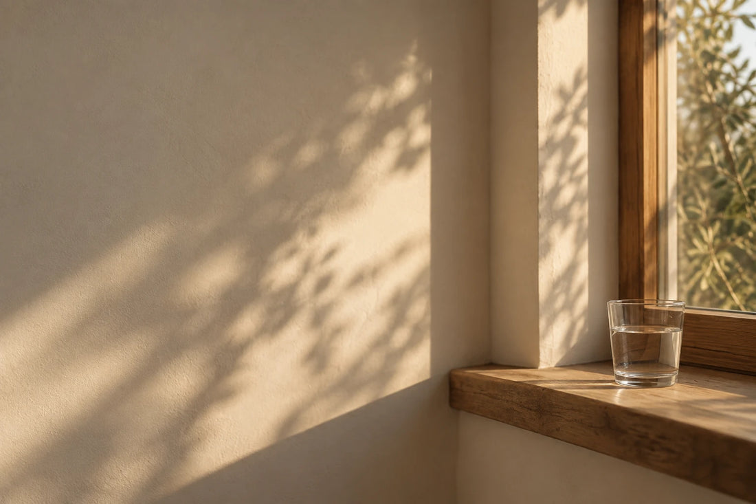 Rincón con una repisa de madera, un vaso de agua y sombras de hojas sobre el muro